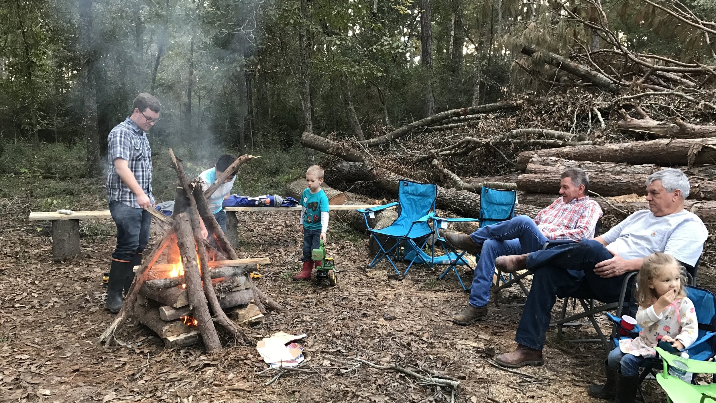 Little bonfire on the left. We didn't make much of a dent in the wood pile in the background. More bonfires to come!