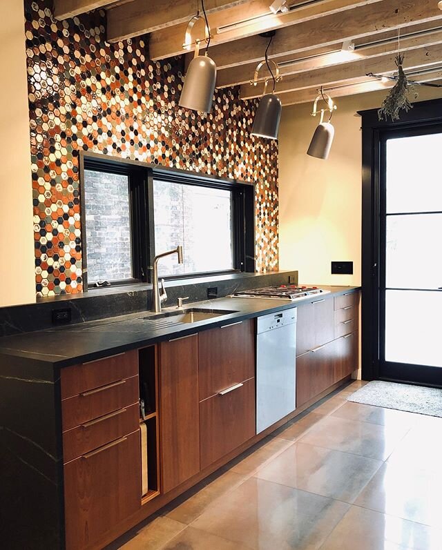A little Friday before and after. Here&rsquo;s what we did........Combo of mahogany and matte doors, soapstone counters, 8&rsquo; high French doors, large window with no uppers, colourful ceramic backsplash, whitewashed exposed ceiling joists, coffee