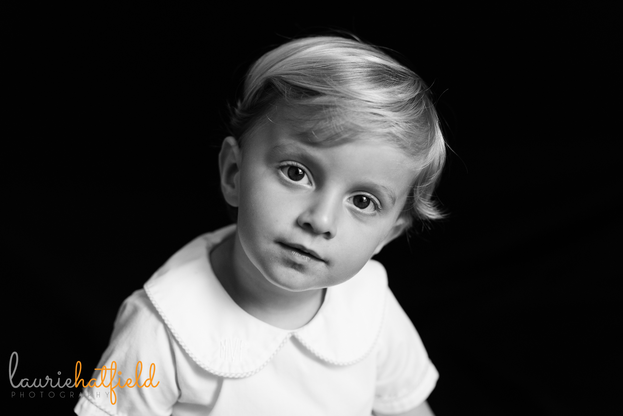 black and white school portrait of 3-year-old boy | Mobile AL preschool photography