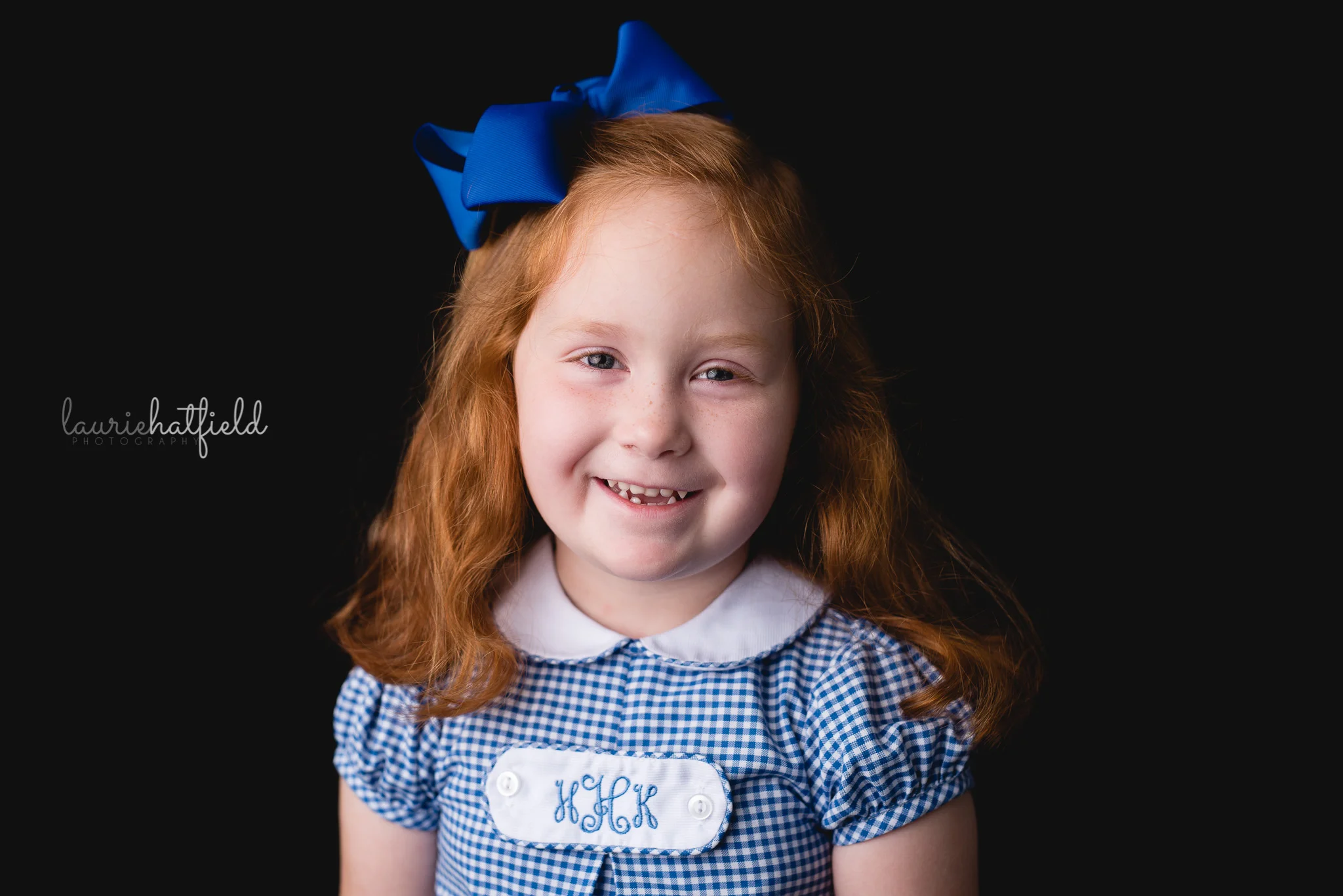 little girl in blue dress with red hair | Fairhope AL school photography