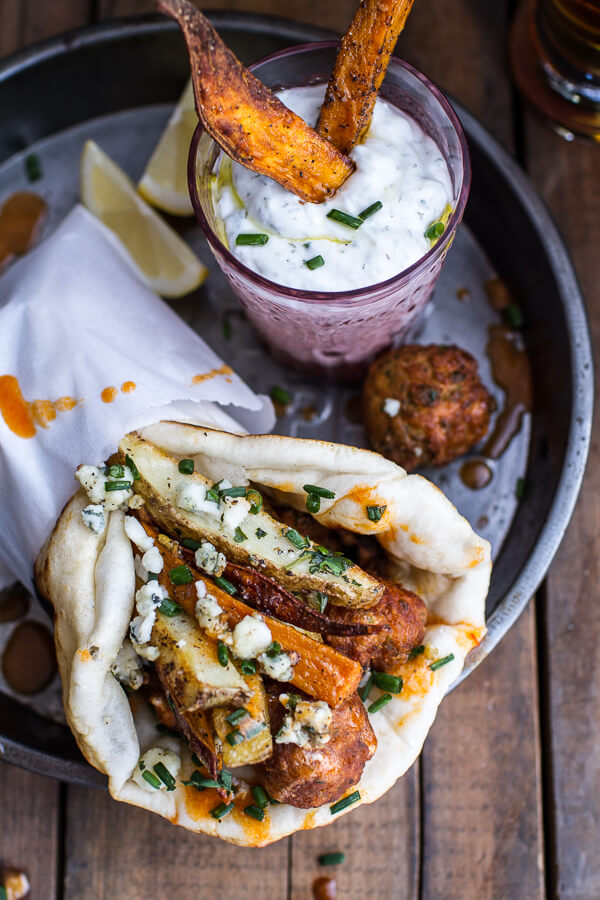 Buffalo Falafel Pitas w/Garlic Blue Cheese Fries
