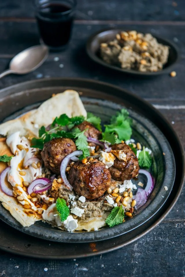 Loaded Lamb Meatballs with Eggplant Hummus