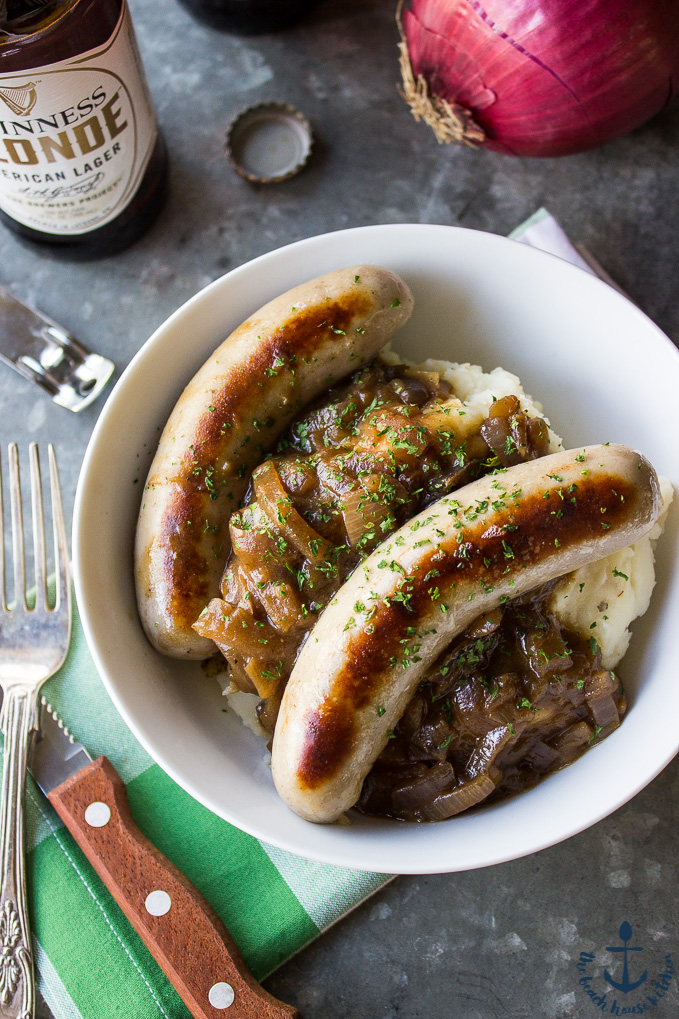 Bangers & Mash with Guinness Onion Gravy