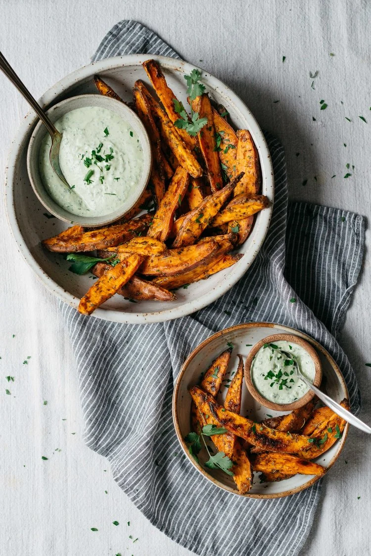 Roasted Sweet Potato Wedges W/ Green Yogurt Sauce