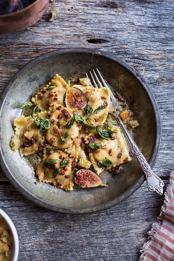 Pumpkin and Goat Cheese Ravioli with Browned Butter + Oregano Bread Crumbs