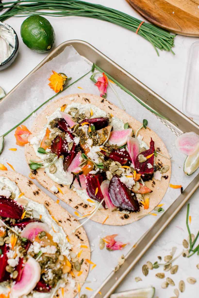 Roasted Beet Tostadas With Avocado Crema