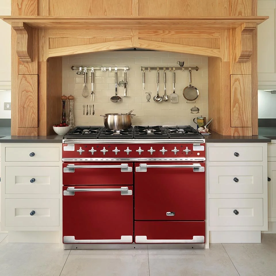 Falcon Oven Elise 110cm Dual Fuel cherry red in kitchen
