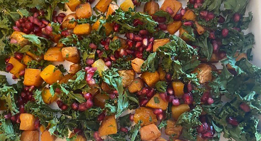 Roasted Butternut Squash &amp; Sweet Potato with Kale &amp; Pomegranate 