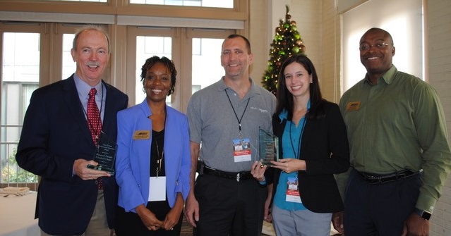 Ed White, CEO and founding Board member, Research Triangle Cleantech Cluster; Patrice Bayyan, Executive Director, Knightdale Chamber; John Pipel, Schneider Electric; Stephanie Byrd, Schneider Electric; Nathan Ray, Knightdale Chamber Board President.