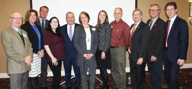 Pictured (left to right): Tony Sheridan (President and CEO of the Chamber of Commerce of Eastern Connecticut), Amy McLean Salls (Senior Policy Advocate and Connecticut Director at Acadia Center), Matthew Morrissey (Orsted US Offshore Wind Head of New England Markets), Jessica Bergman (New England Programs and Engagement Director at Chambers for Innovation and Clean Energy), Michael Passero (Mayor of New London), Deborah Donovan (Senior Policy Advocate at Acadia Center), Emily Lewis O'Brien (Senior Policy Analyst at Acadia Center), John Humphries (Organizer at CT Roundtable on Climate and Jobs), Scott Bates (Deputy Secretary of State and Chairman of the CT Port Authority), Paul Formica (Republican Senator and Co-Chair of Appropriations and Energy and Technology Committees), and David Kooris (Acting Commissioner of the CT Department of Economic and Community Development).