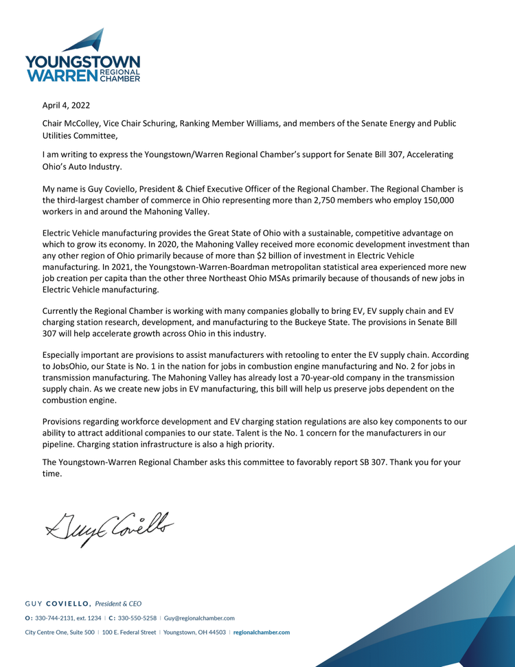 SB 307 Youngstown Warren Regional Chamber Support Letter