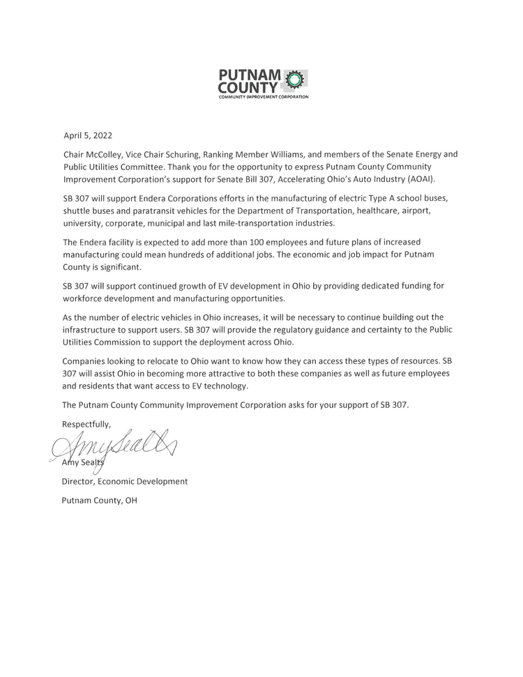 SB 307 Putnam County Chamber Support Letter