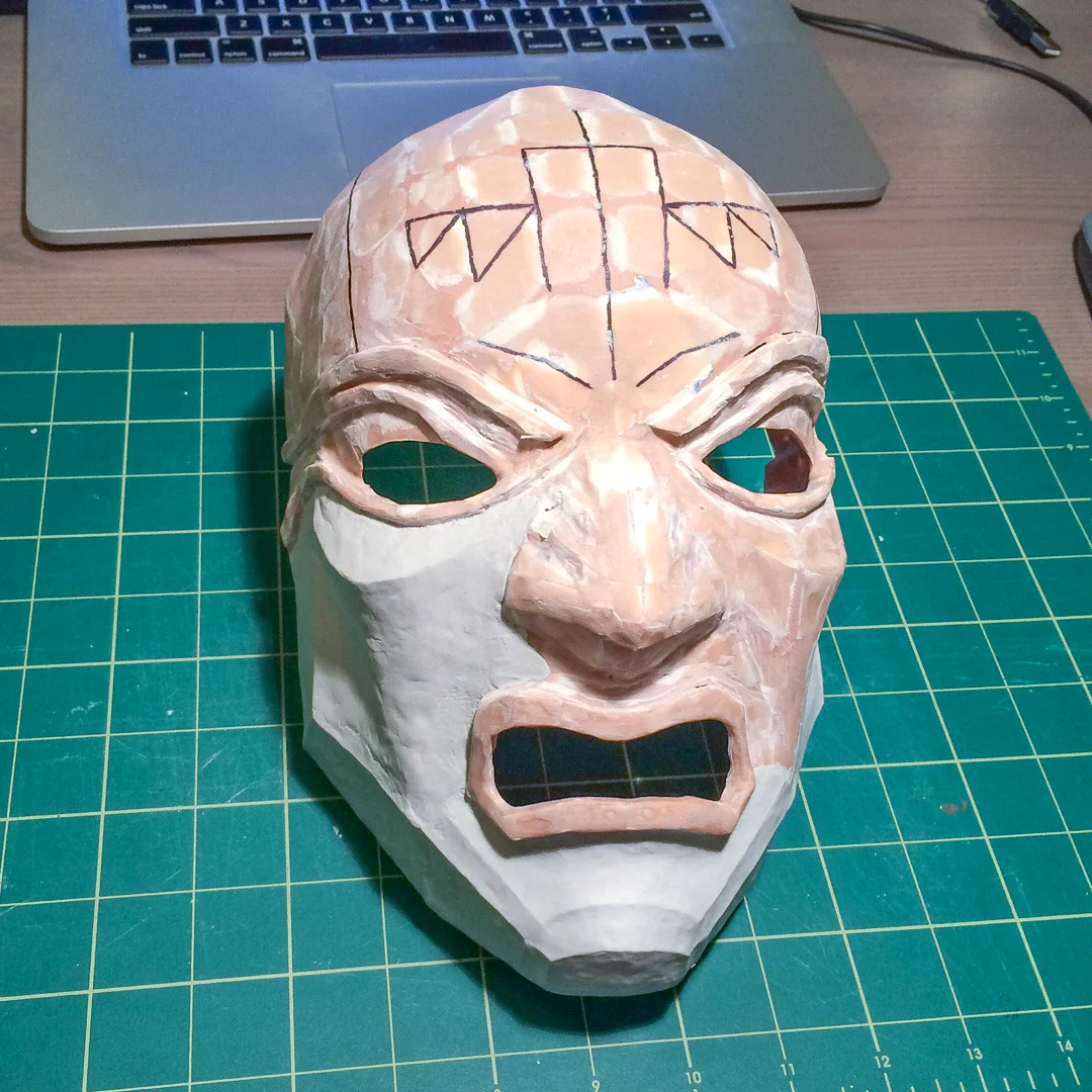 Dishonored Overseer mask Pepakura base with one layer of sanded Bondo and Apoxie Sculpt clay