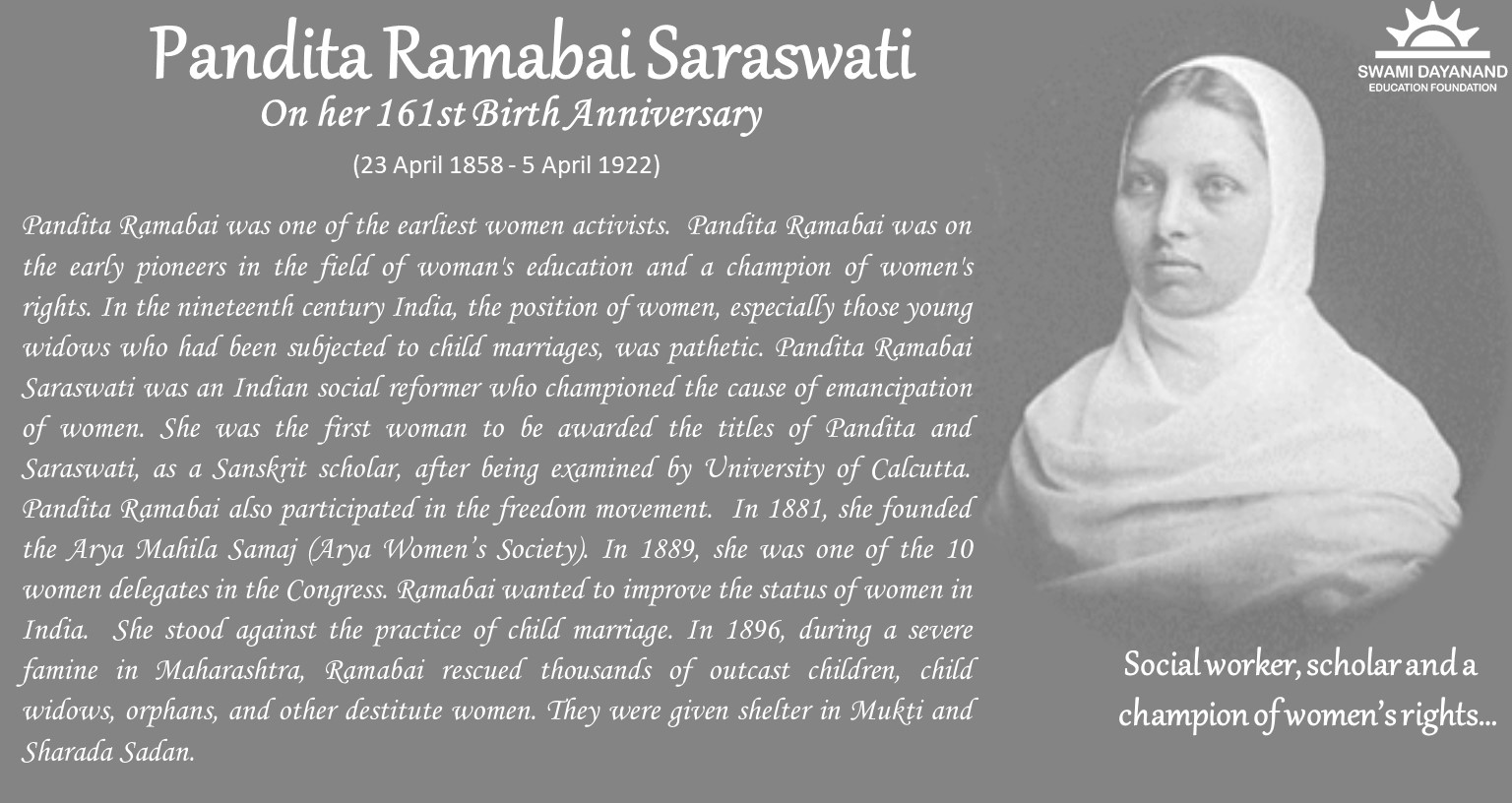 PANDITA RAMABAI SARASWATI (23rd Apr 1858 - 5th Apr 1922)