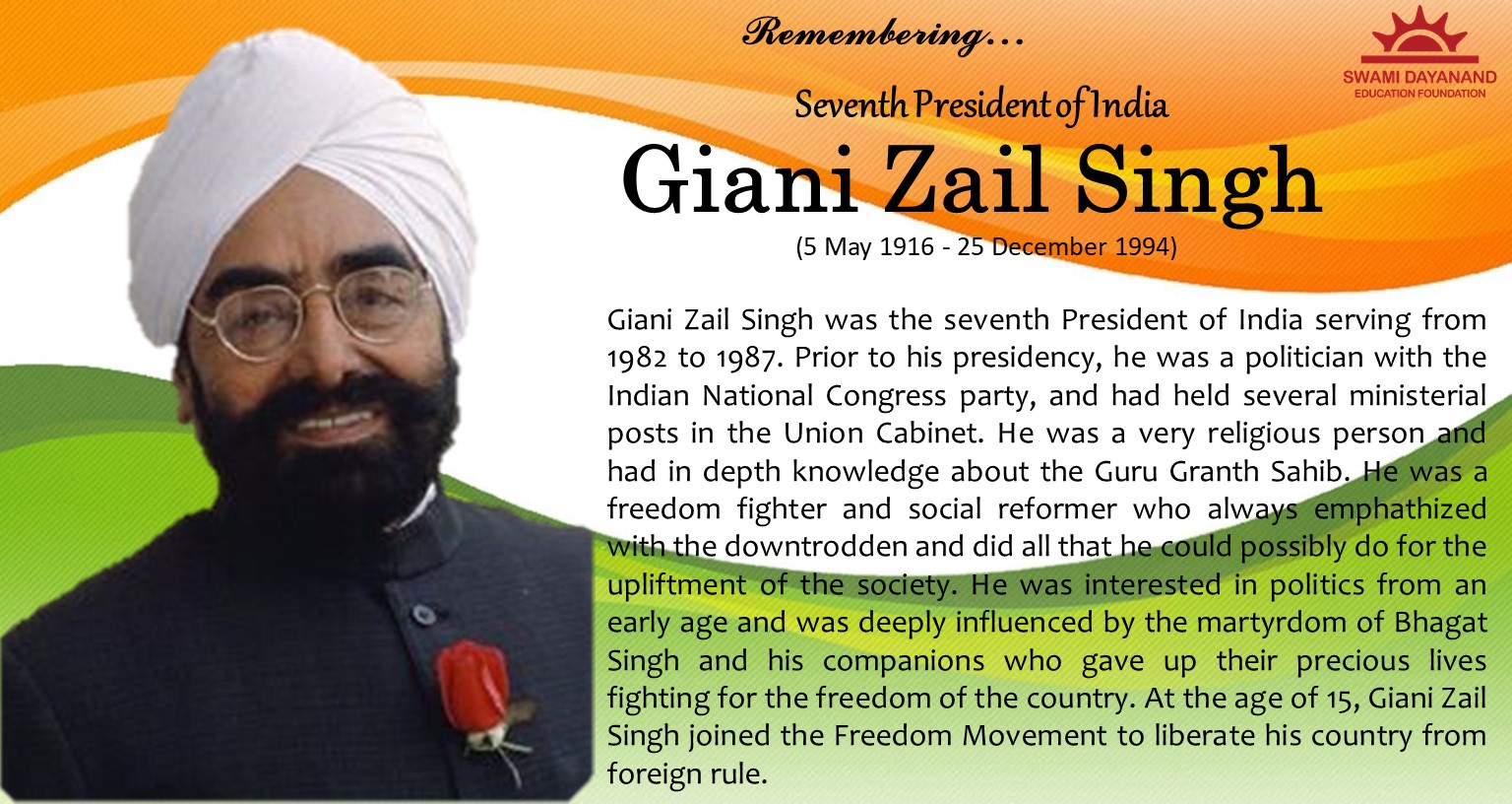 GIANI ZAIL SINGH (5th May 1916 - 25th Dec 1994)