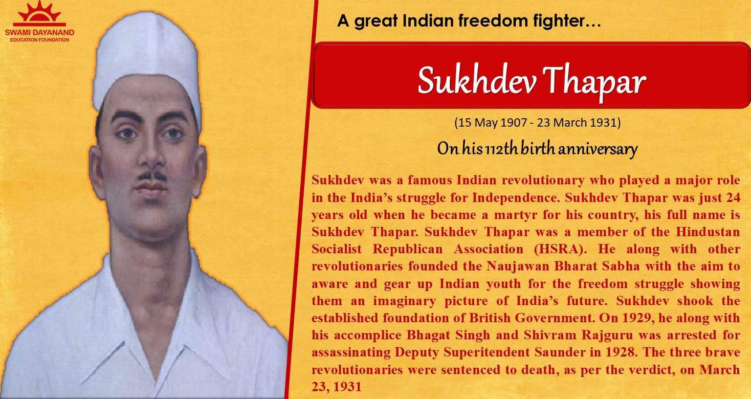 SUKHDEV THAPAR (15th May 1907 - 23rd March 1931)