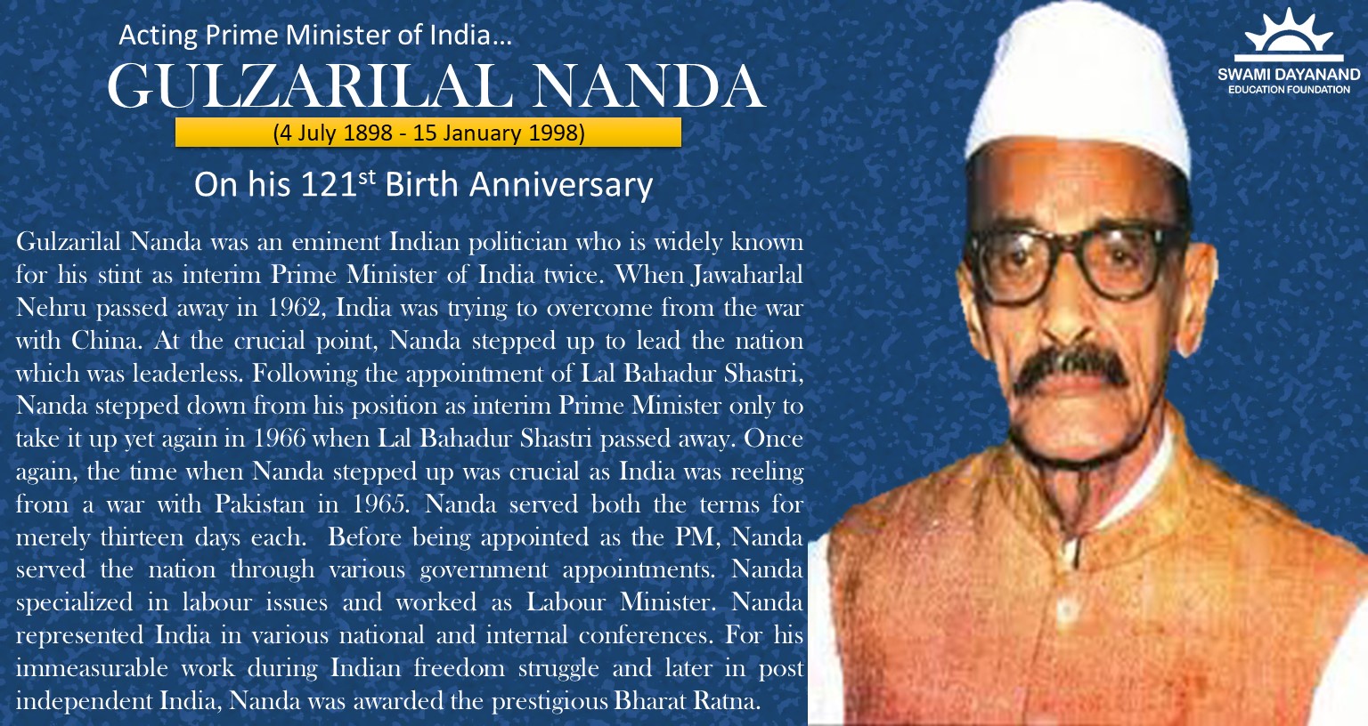 GULZARILAL NANDA (4th July 1898 - 15th January 1998)