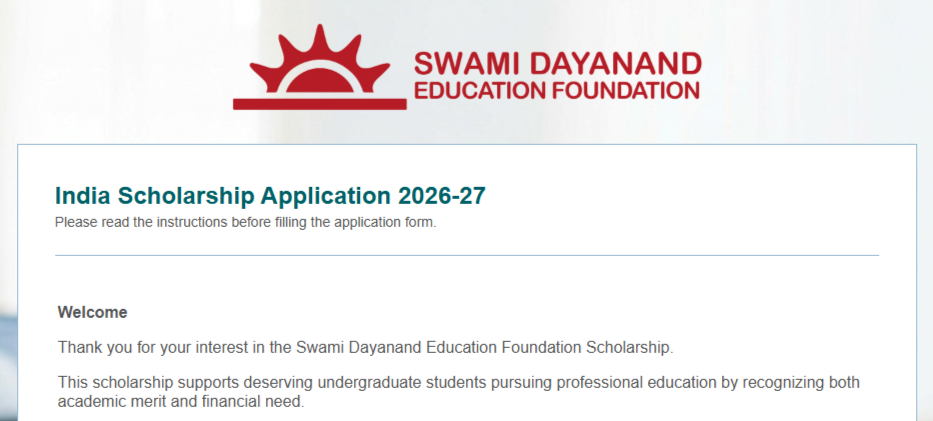 Swami Dayanand Education Foundation logo and a scholarship application form for India 2026-27.