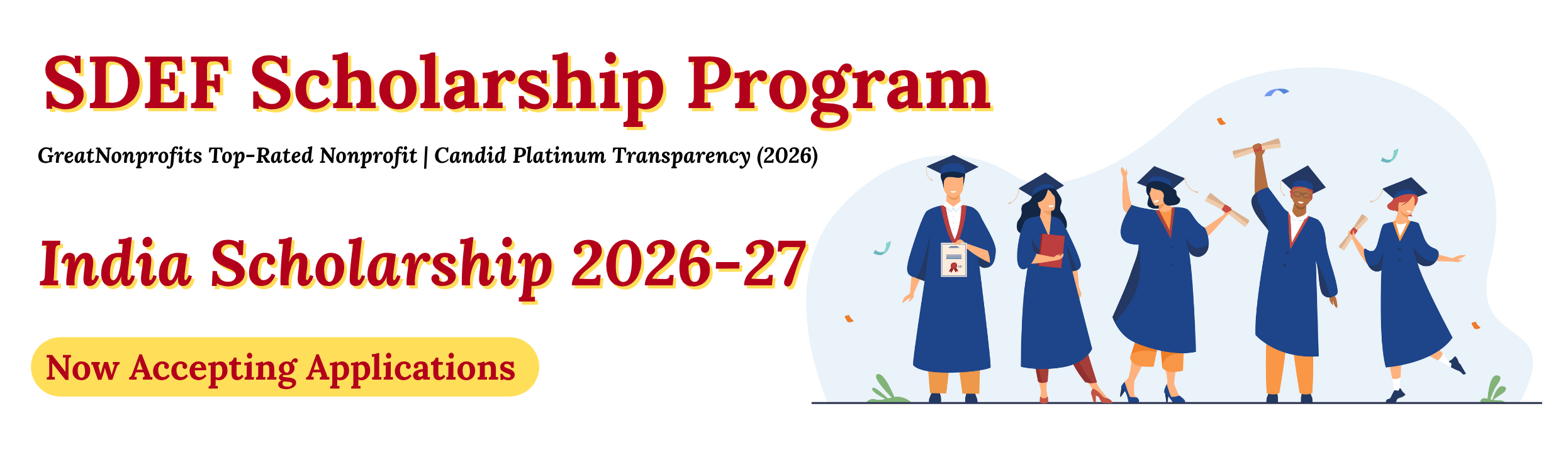Graphic announcing the SDEF Scholarship Program for India Scholarship 2026-27, featuring five graduates in caps and gowns celebrating.
