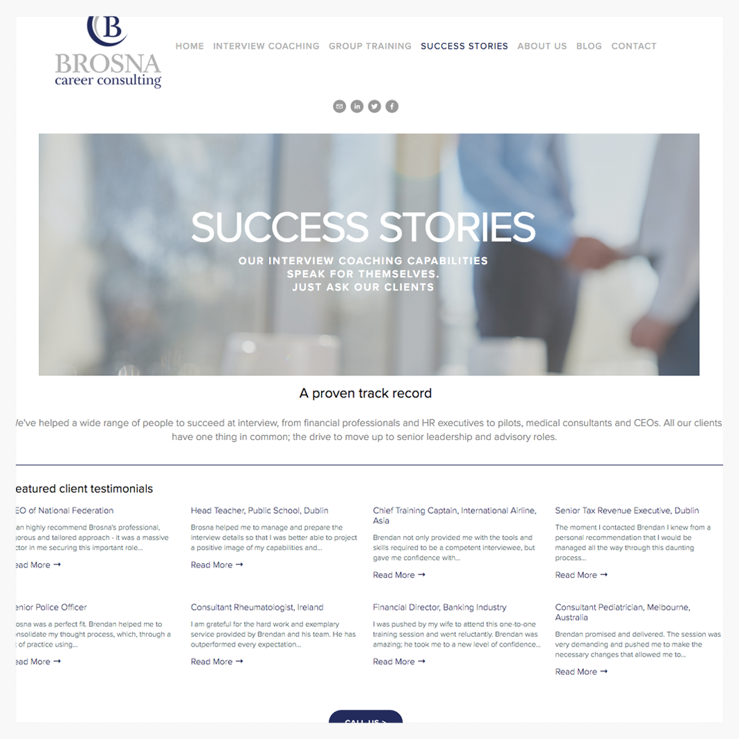 Testimonials from happy customers thank Brosna for their help, to give social proof and credibility to the service