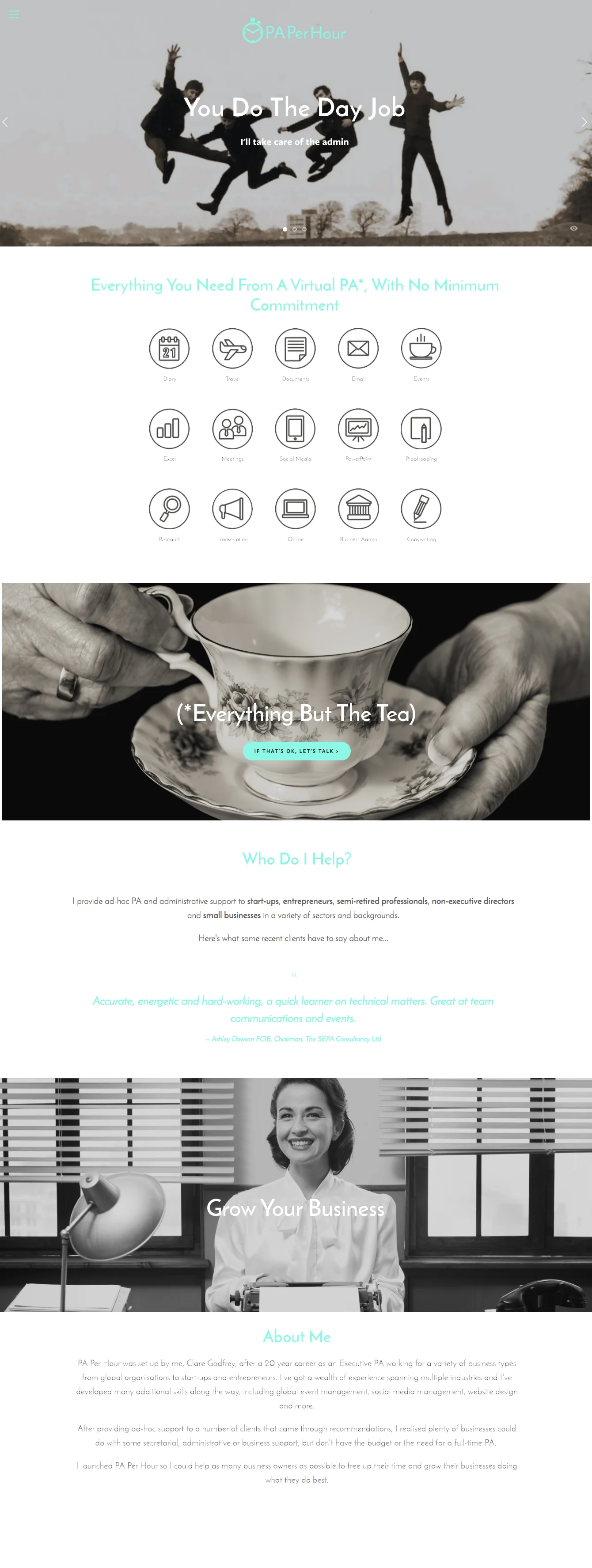 The new website uses retro black and white images to feature the biggest benefits of using a virtual PA. It suits PA Per Hour's laid-back yet client-driven style.