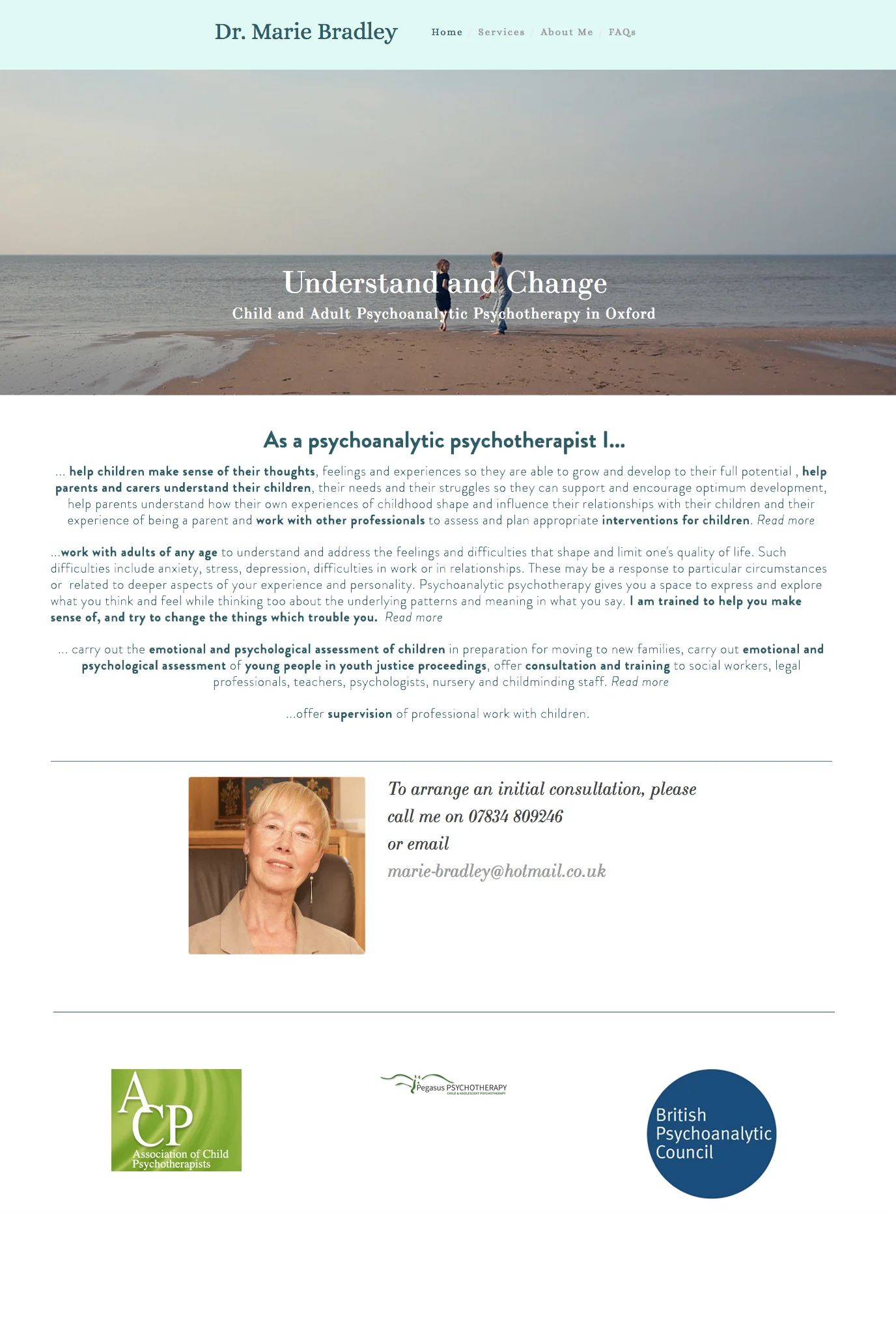 Marie's new website uses a large banner to demonstrate the solution Marie provides. Below the banner the site clearly explains the specific problems Marie is qualified to discuss and resolve. Including contact details allows her homepage to act as a virtual business card.