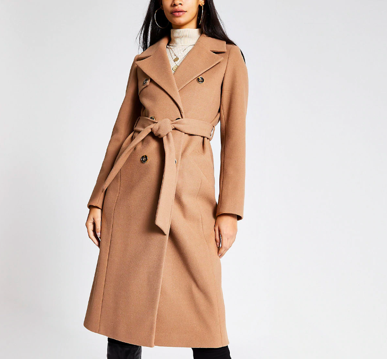 Beige Double Breasted Longline Belted Coat, River Island