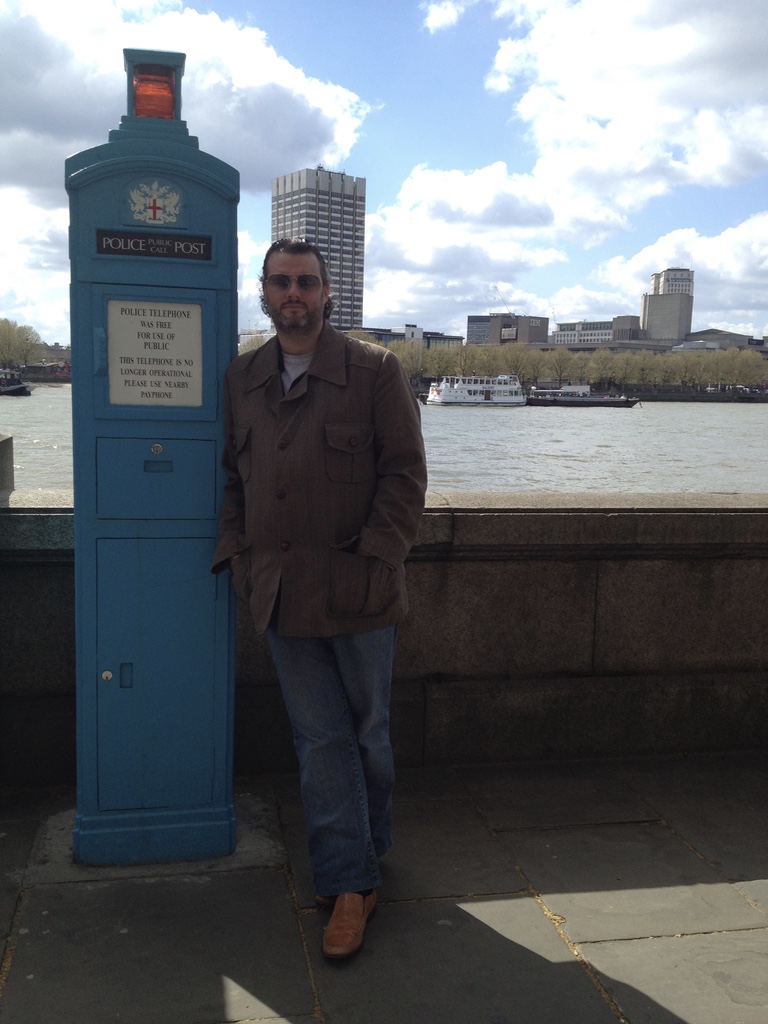 A police phone box and Pete aged 34