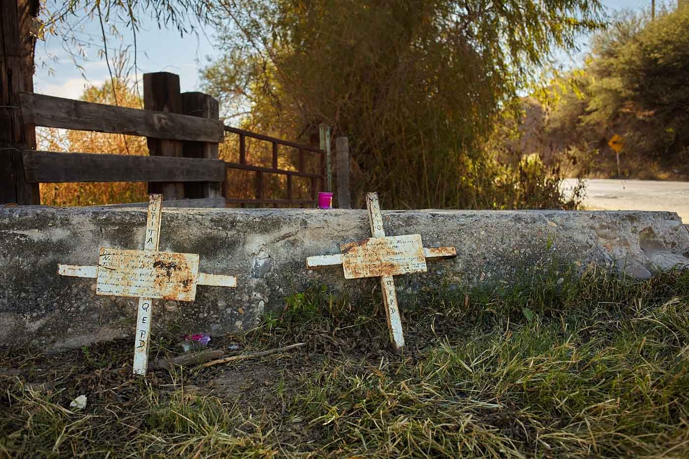 Crosses by the road, a memorial for a young couple. 