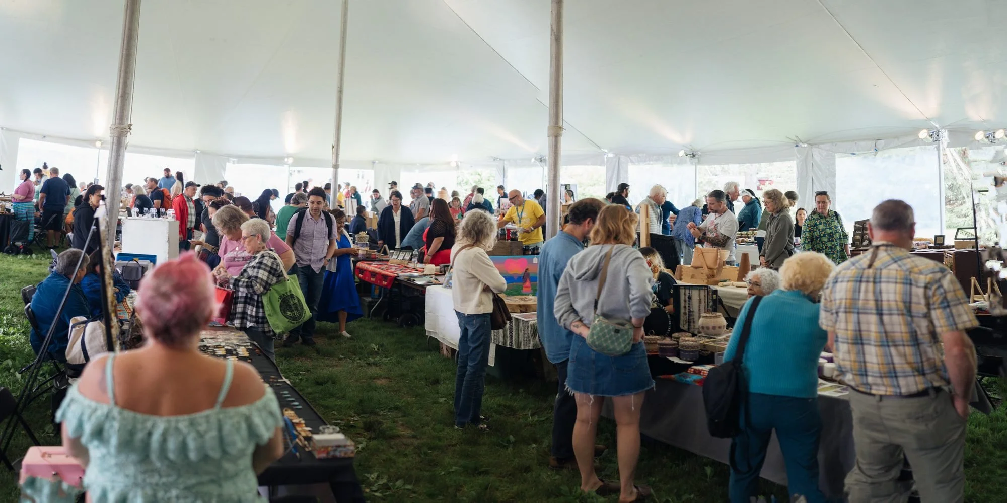 Crowd in market at Dawnland Festival of Arts & Ideas Abbe Museum Bar Harbor Maine