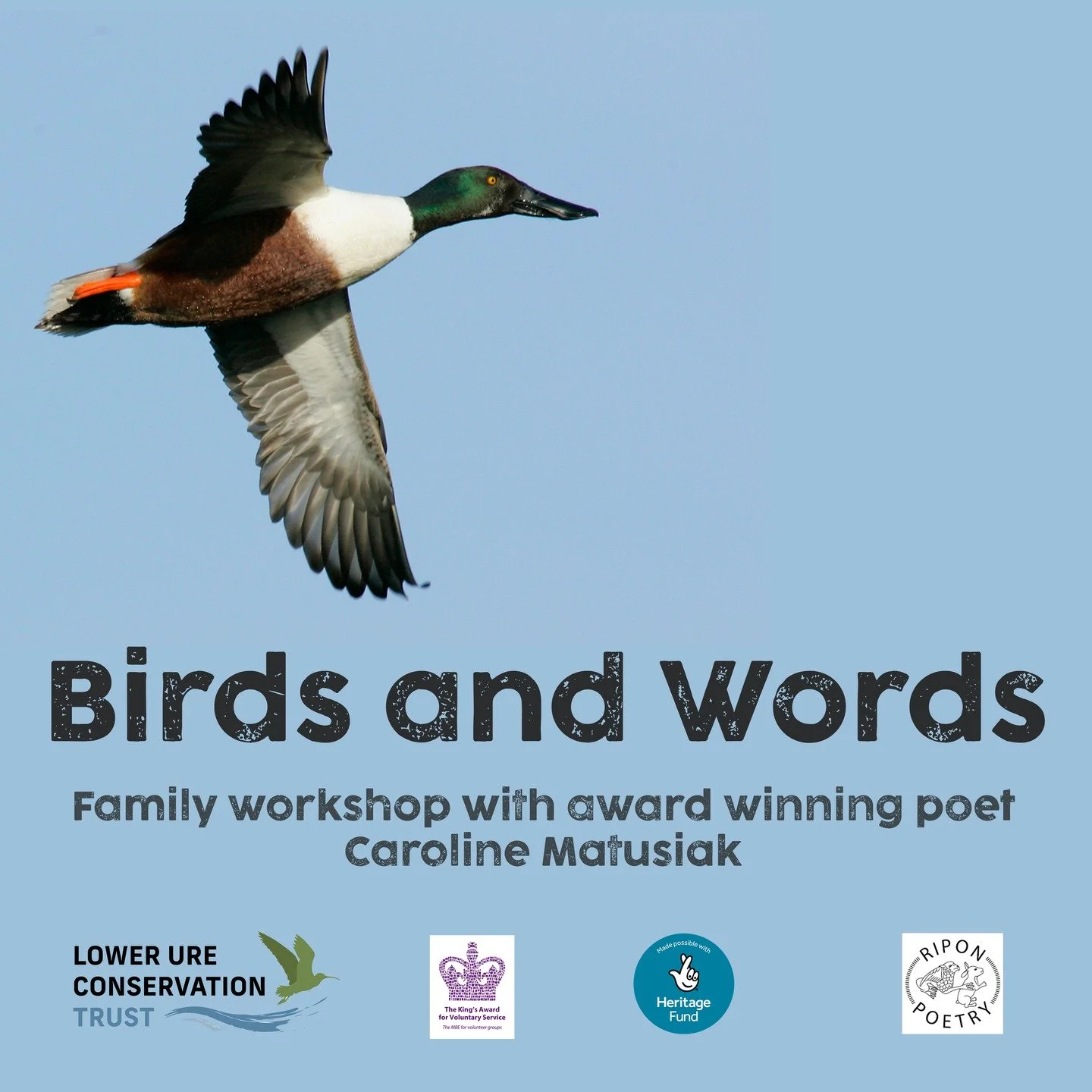 An exciting new event for August!

Join Caroline Matusiak, winner of the 2023 Ripon Poetry Festival for this free, family workshop at Nosterfield Nature Reserve. 

Starting at 10am in the main reserve car park, we will explore the reserve whilst list