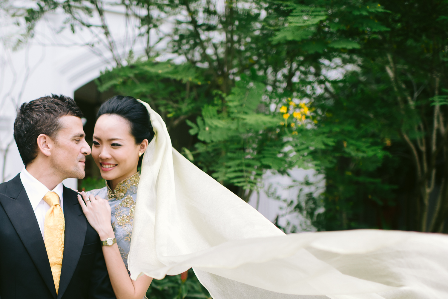 A nice angle of the bride looking at the groom