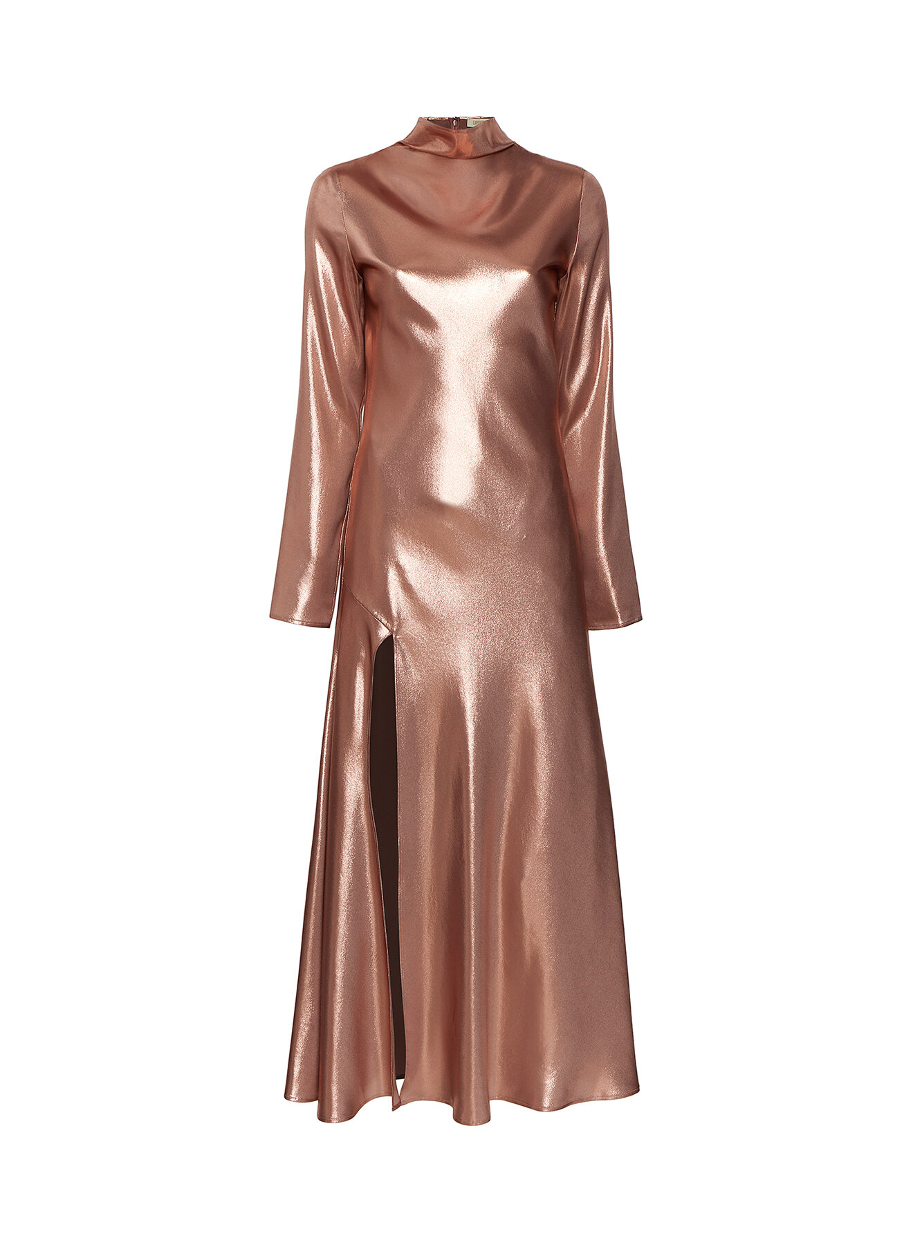 10262_PF21-3061-209-710_DRAPED NECK BIAS DRESS WITH SLIT_METALLIC SILK_ROSE GOLD_A.jpg
