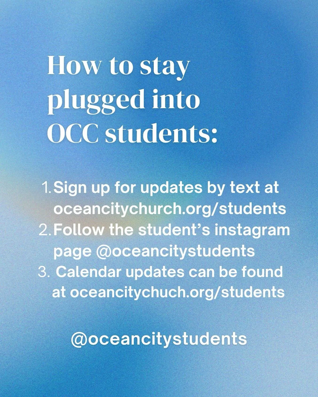 Hey OCC! 👋🏼👋🏼👋🏼 Here&rsquo;s 3 ways you can stay updated with what&rsquo;s going on over at @oceancitystudents ! Make sure you send this to a parent or student🤩🙌🏼