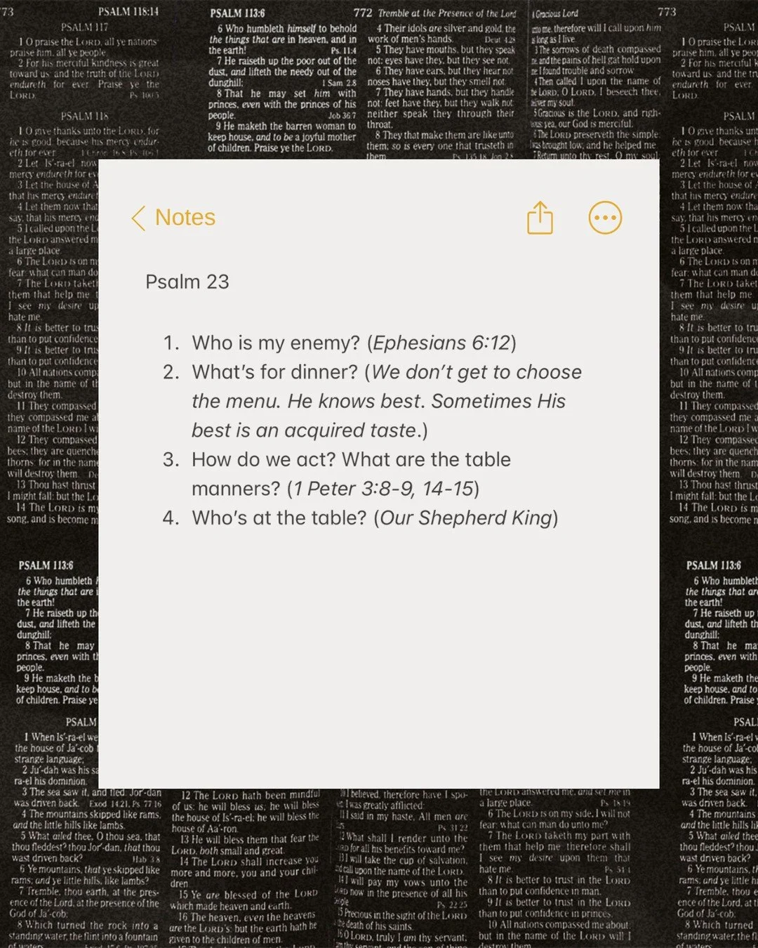 Psalm 23 isn&rsquo;t just poetry, it&rsquo;s a picture of Jesus, our Shepherd King. He gives rest in chaos, His presence in the valleys, and a feast, even in the face of enemies. At His table, our manners matter. And the Shepherd isn&rsquo;t just the