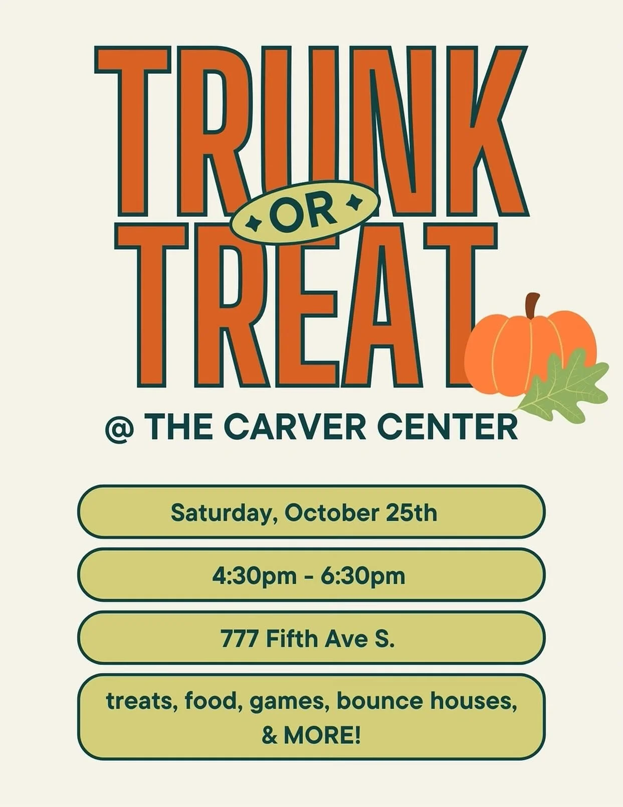 Hey OCC fam! We’re super stoked for our annual Trunk or Treat bash happening at the Carver Center this Saturday at 4:30 pm! Bring your crew for some awesome food, cool games, bounce houses, and tons of fun for everyone!