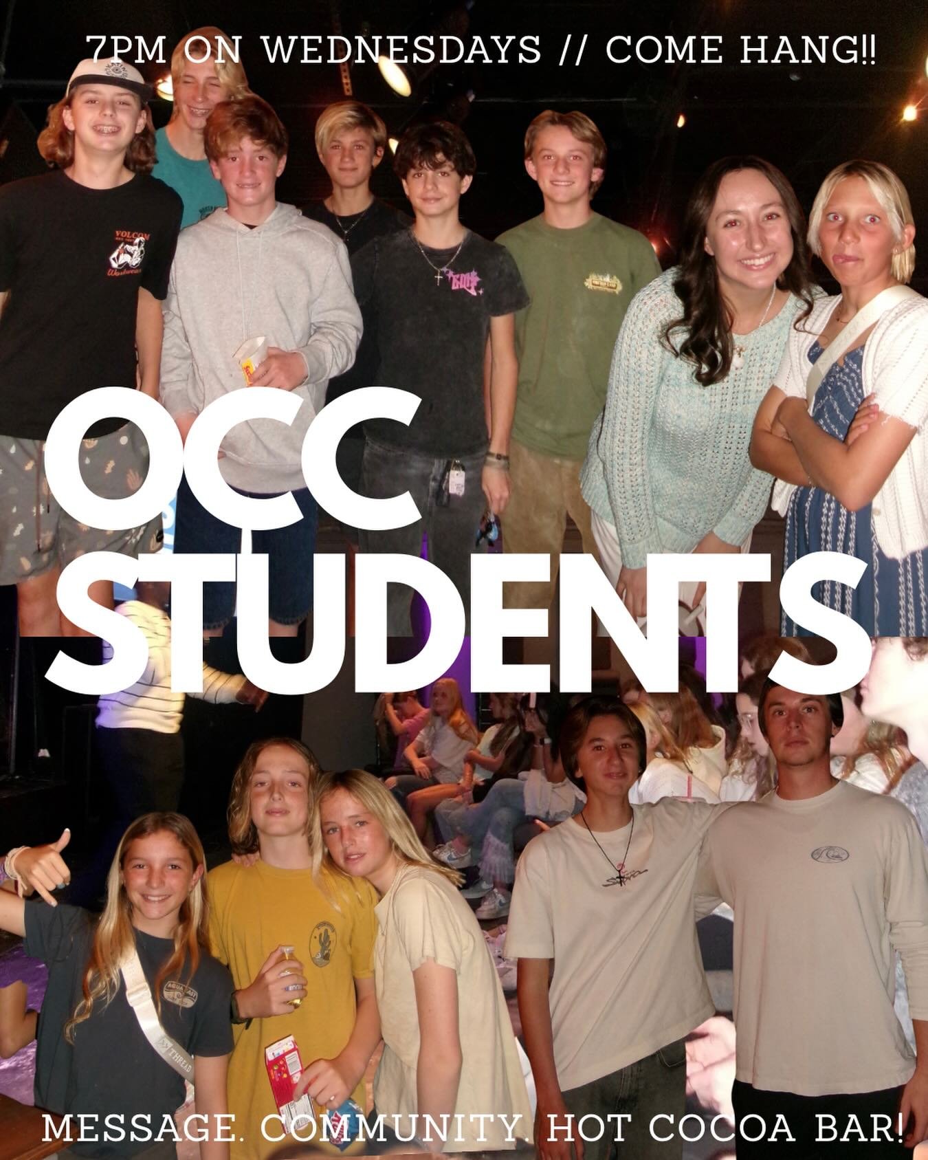 LET THE WEDNESDAY COUNTDOWN BEGIN!! 🥳🥳🥳
Come hang with us at OCC tonight! Message, community, and a special treat: HOT COCOA BAR!! 😁🙌🎉💞☕️
See you at 7!! GET HYPED!