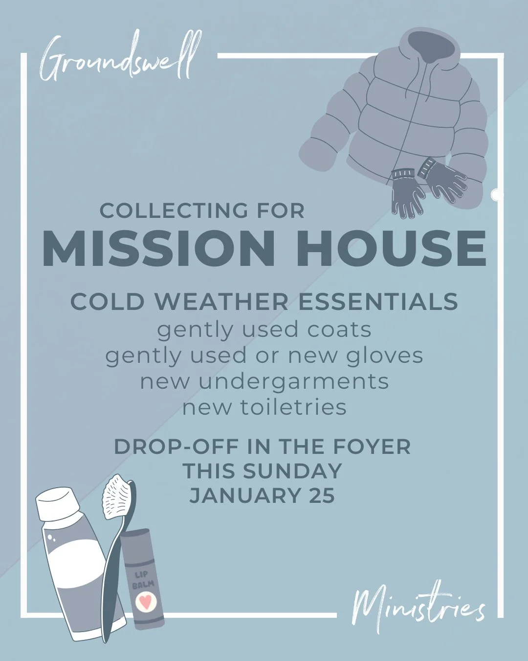 This Sunday is our final opportunity to bring winter essentials for our friends at Mission House.⁠
⁠
LOCAL reminds us it&rsquo;s not about where we are, it&rsquo;s about who we are.⁠
We have received generously, so we give generously.⁠
⁠
We&rsquo;re 