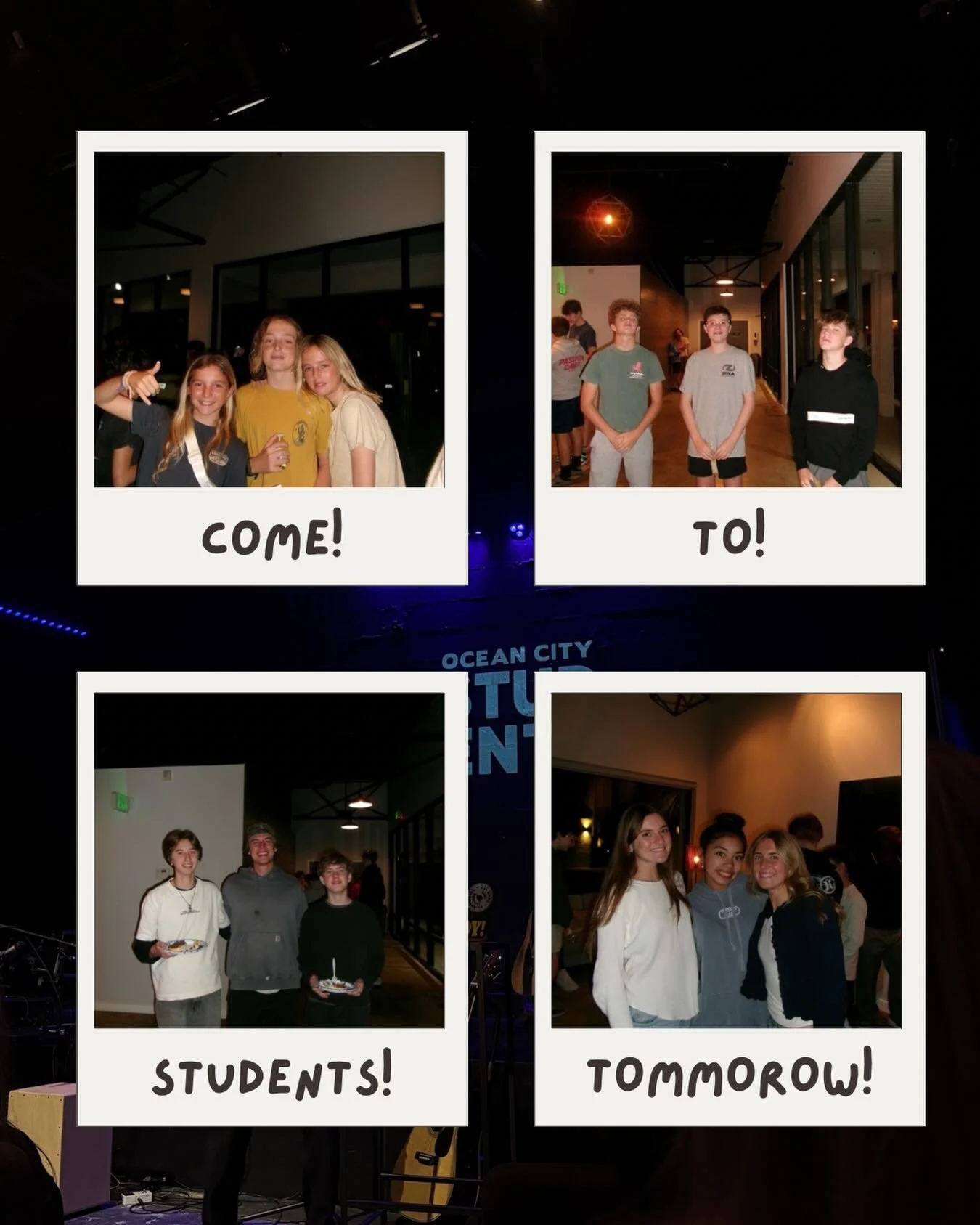 COME! TO! STUDENTS! TOMORROW!
Gonna be a great night, we can&rsquo;t wait to see 🫵 !!!
7pm at OCC! Bring ya friends and Bibles!