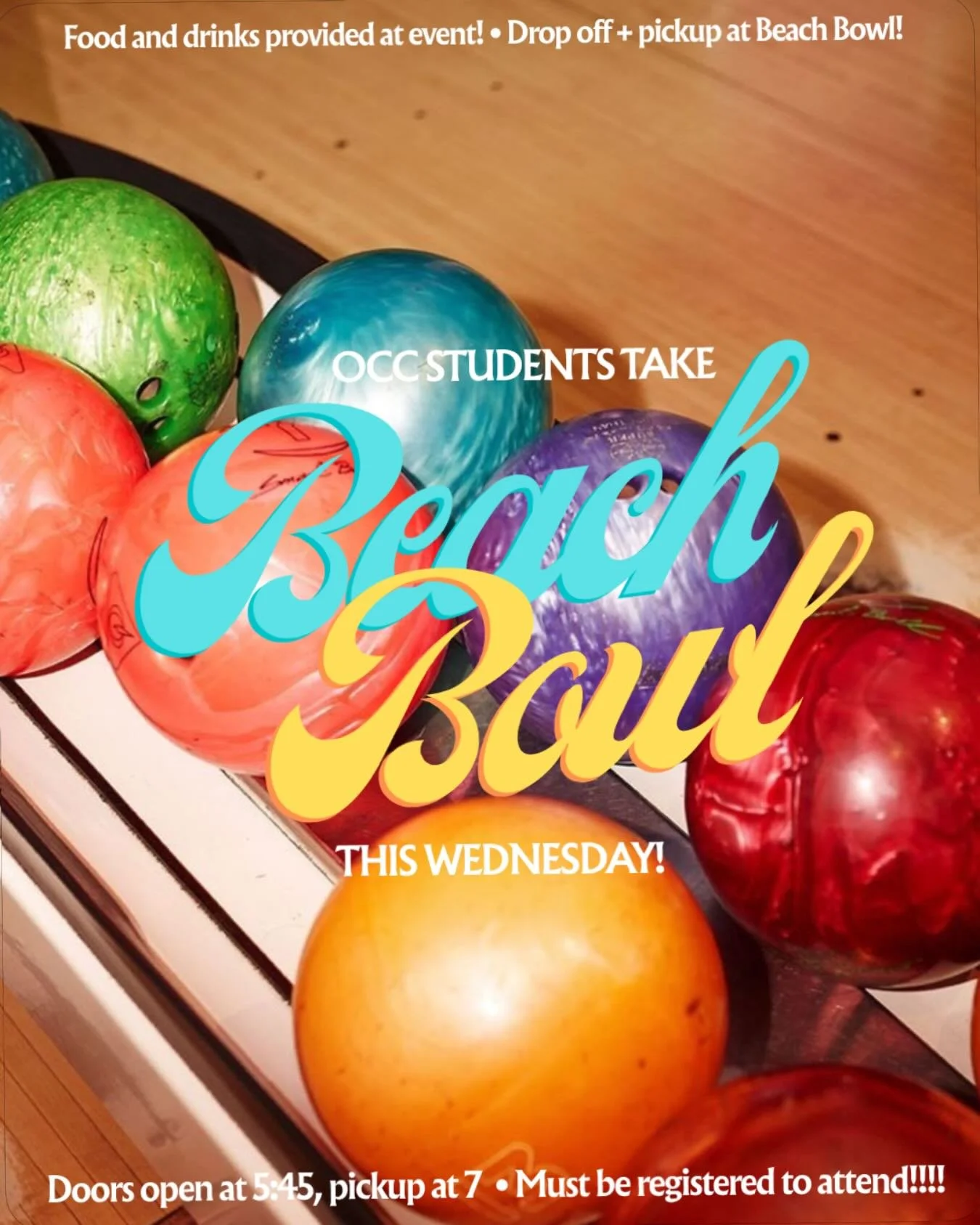 TOMORROW is our Students Offsite Event!! We&rsquo;re gonna be having a GREAT TIME at Beach Bowl tomorrow! Doors open at 5:45, and we&rsquo;ll be bowling until 7pm, with food and drinks provided! You MUST be registered to attend!!
We WILL NOT be at Oc