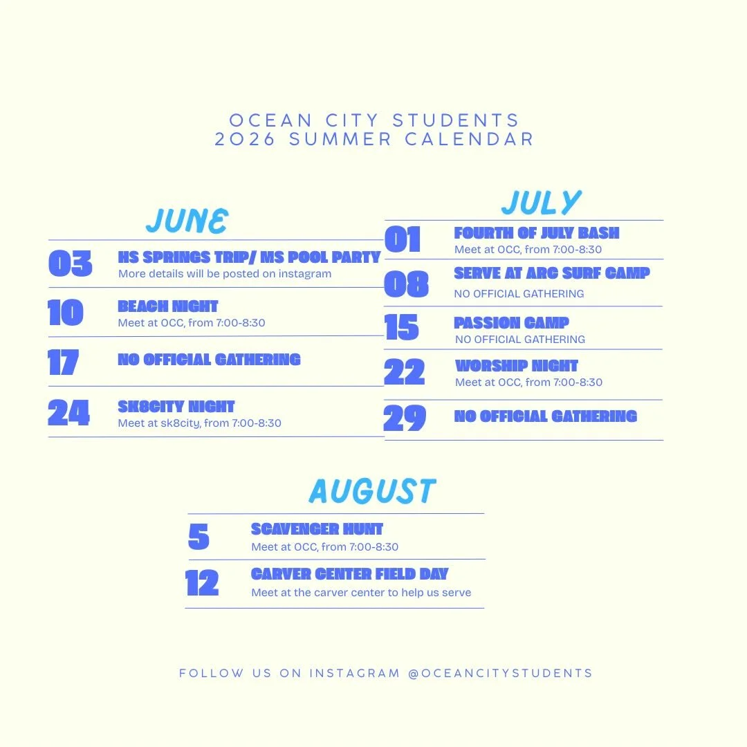STUDENTS 2026 SUMMER SCHEDULE- GET HYPE STUDENTS! 🌊🙌🥳📖🚀🏄&zwj;♂️🇺🇸✝️

It&rsquo;s going to be an absolute BLAST! We have events from our springs trip, to a 4th of July Bash, to worship nights, and offsite events like Arc Surf Camp and Passion! 