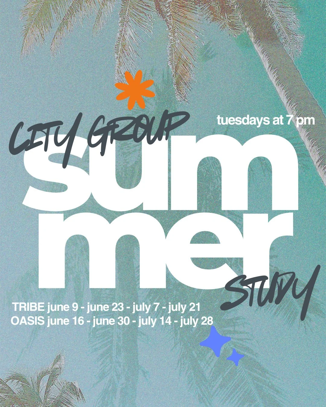 This summer, our City Groups will be meeting as women and men for Oasis and Tribe Studies on alternating Tuesday nights at 7:00 pm!

If you&rsquo;re interested in joining us for these studies but not yet part of a City Group, you are welcome to join 