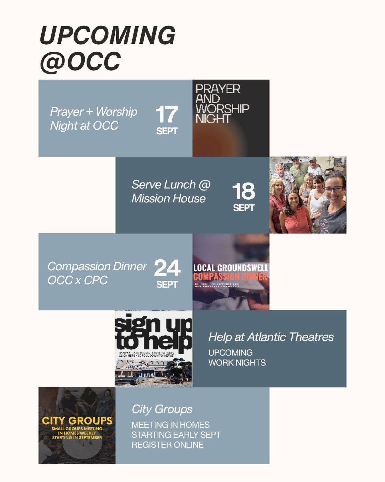 Check out what&rsquo;s upcoming on the church calendar 🤙

There are many ways to serve, connect, &amp; grow here at OCC and we don&rsquo;t want you to miss out! Head to our website for more information + ways to register.