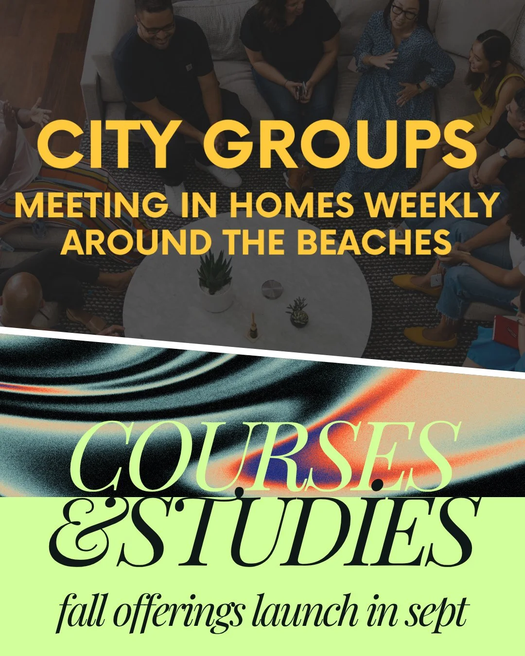 City Groups, courses, and studies are launching soon!⁠
⁠
CITY GROUPS = Big church made small⁠
The focus is community: doing life and following Jesus together. There are lots of configurations, locations, and meeting times, including a new option this