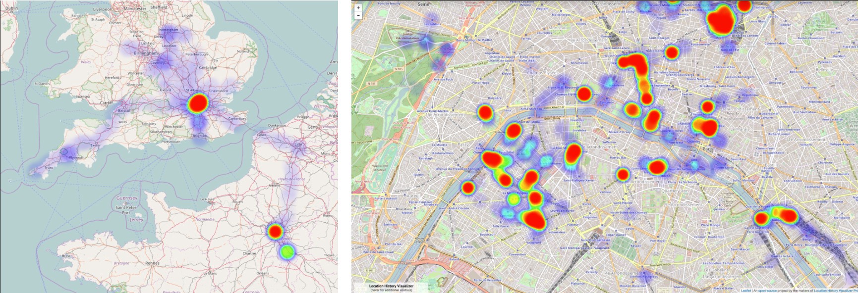 The heat map adjusts itself to the zoom factor. So many trips to Paris…