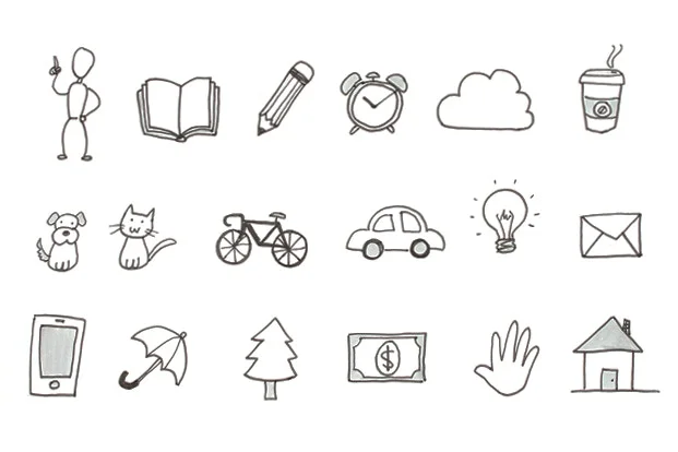 Examples of simple drawings ideal for use on ideation Post-its. Credit: jetpens.com