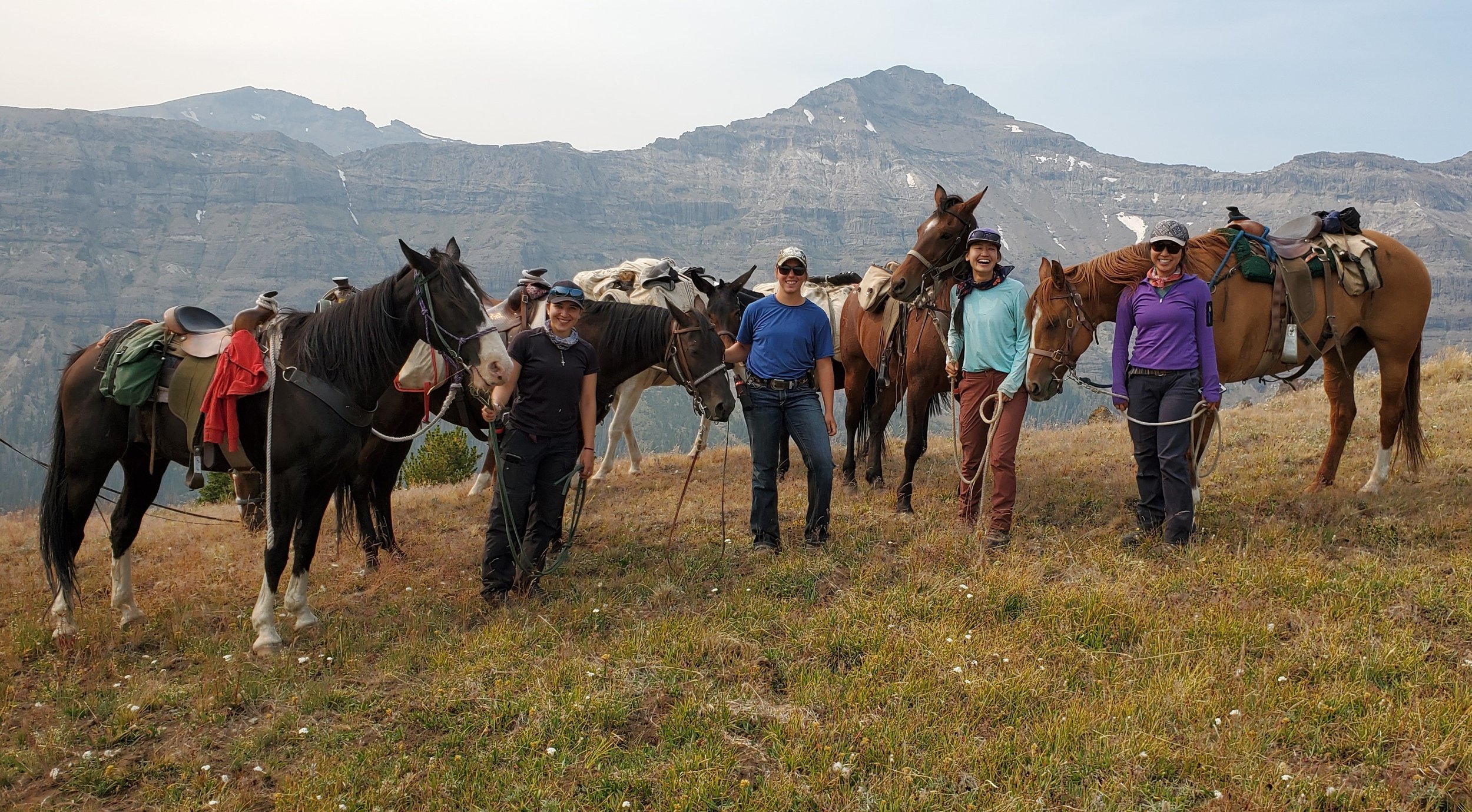 Summer 2020 - Group picture (Guada, April, me &amp; Stephi) from Day 2 of our ride into the Thorofare in the Shoshone National Forest to check wolf GPS locations and collect scat for a pack that migrates to elk summer range by shifting their homesit