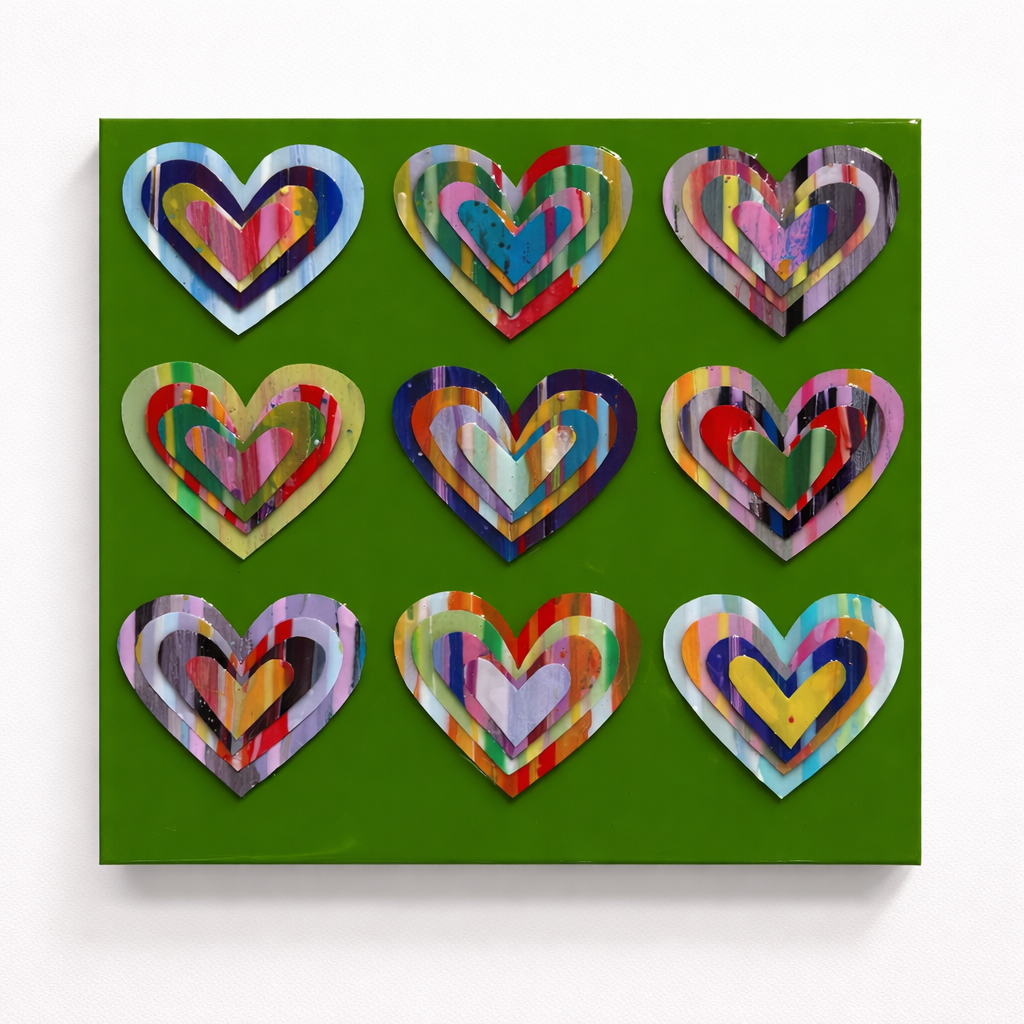 Nine Hearts paint chip collage painting green background 16x16