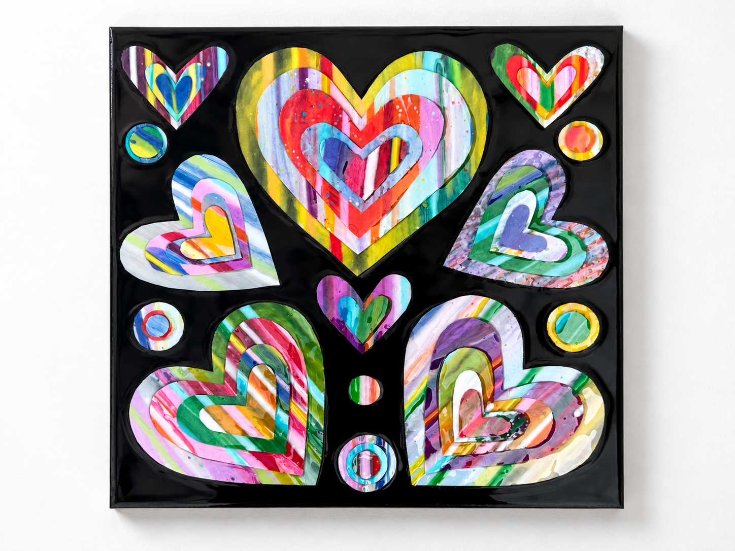 Happy Hearts paint chip collage painting black background 16x16