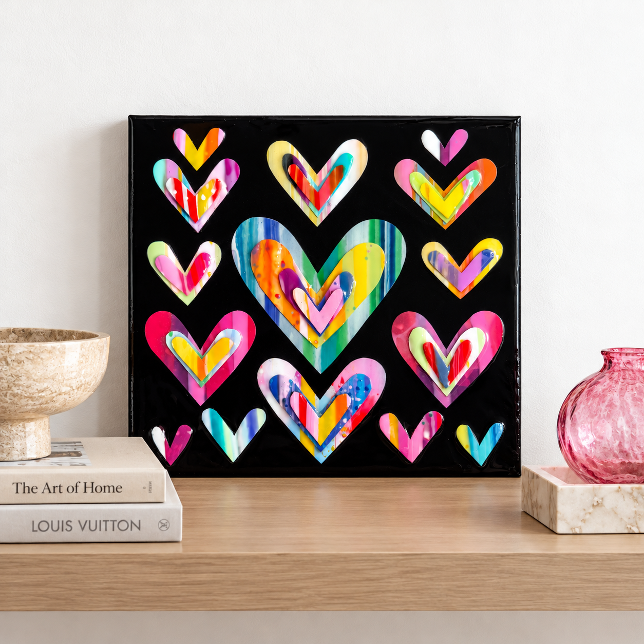 Glossy Rainbow Hearts on a Modern Shelf.png